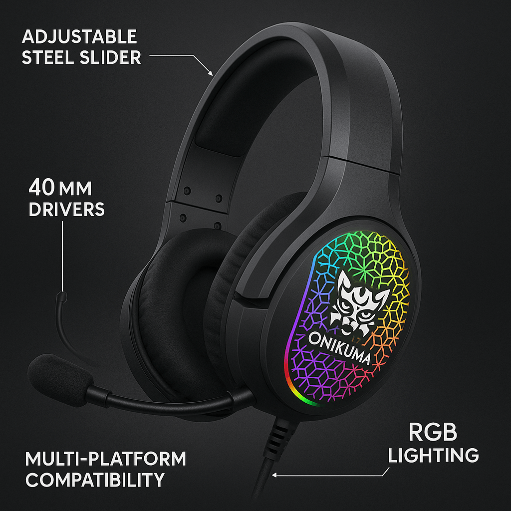 Onikuma X3 RGB gaming headset with adjustable steel slider and mic, featuring 40mm drivers and multi-platform compatibility.