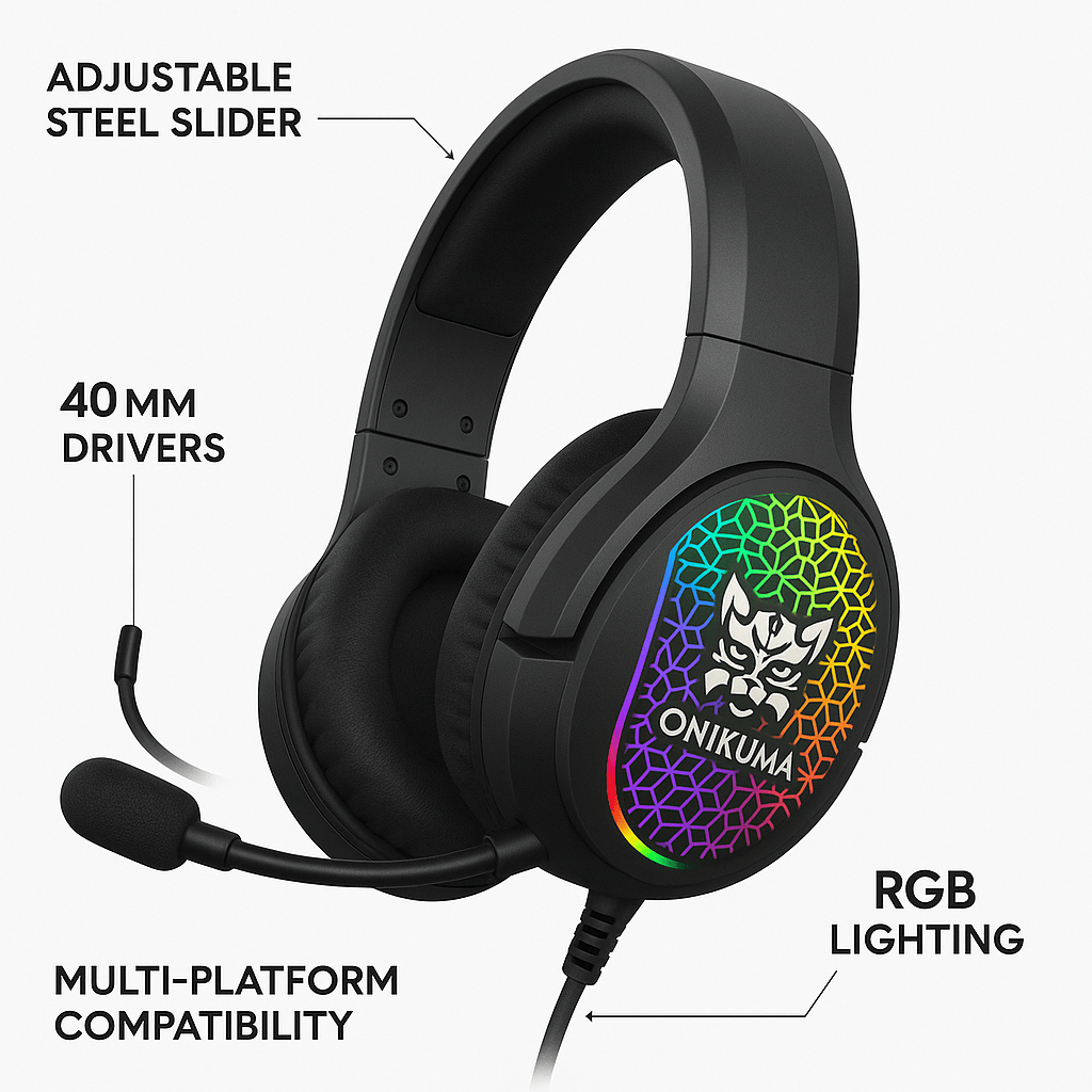 Audífonos Gaming Onikuma X3 RGB con micrófono, ajuste de acero, controladores de 40 mm, iluminación RGB, compatible con múltiples plataformas.