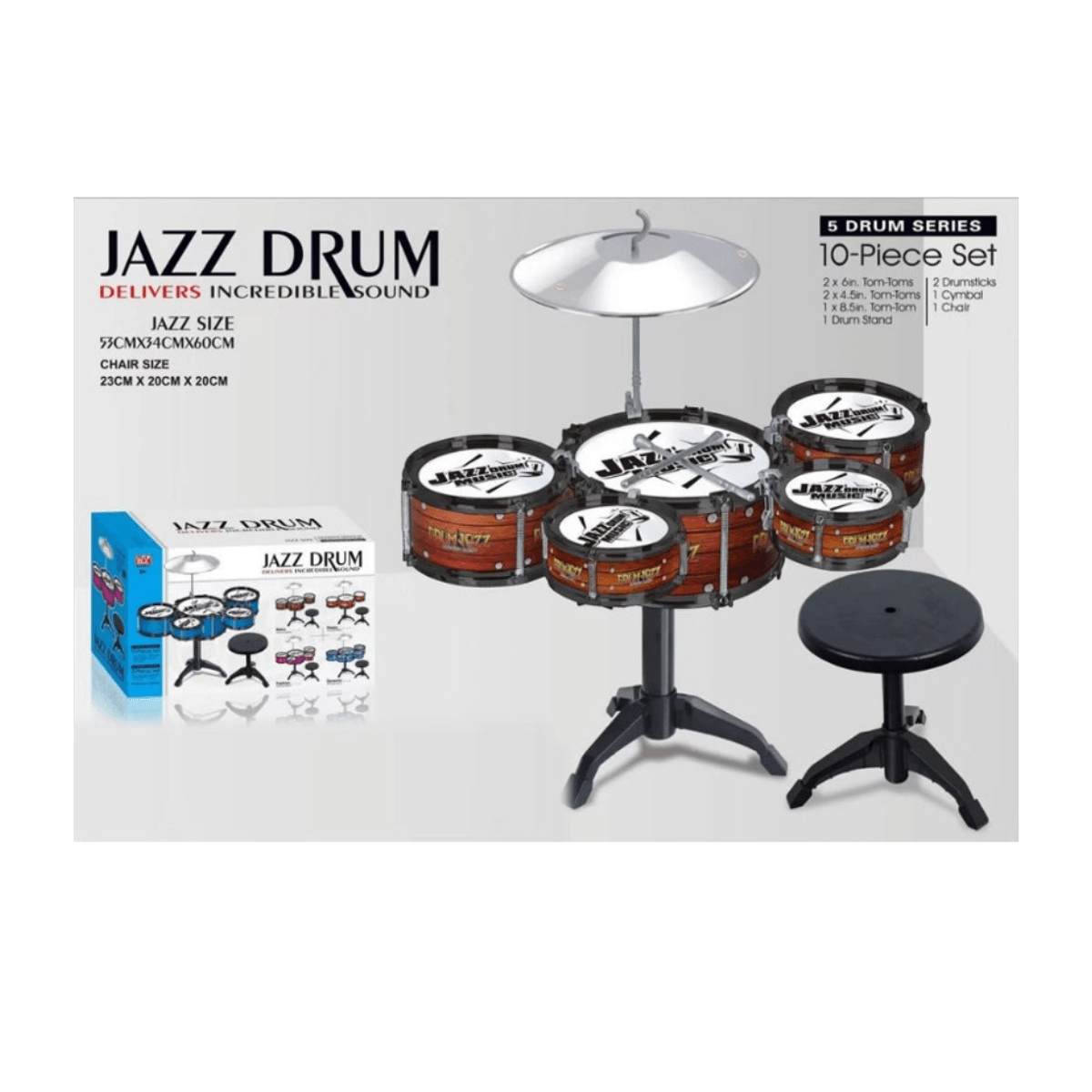 Mini batería jazz musical para niños con 5 tambores y asiento, ideal para introducirse en el mundo de la música.