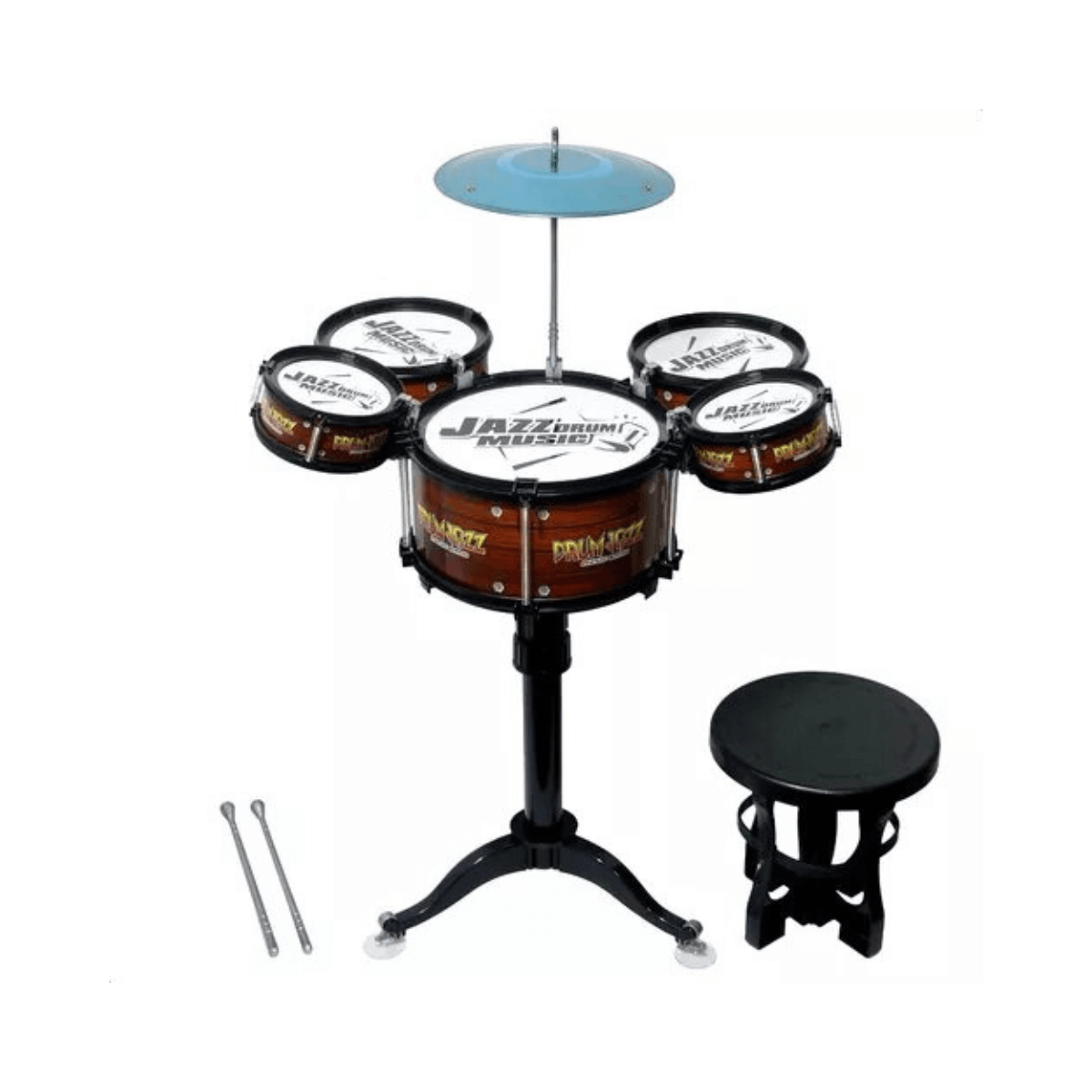 Mini batería Jazz musical para niños con cinco cuerpos, soporte y baquetas, ideal para introducir a los pequeños en la música.