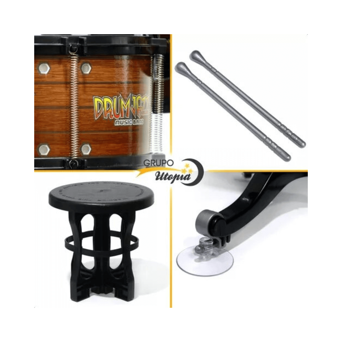Imagen de juguete de batería jazz musical con tambor, baquetas y soporte, ideal para niños que inician en la música.