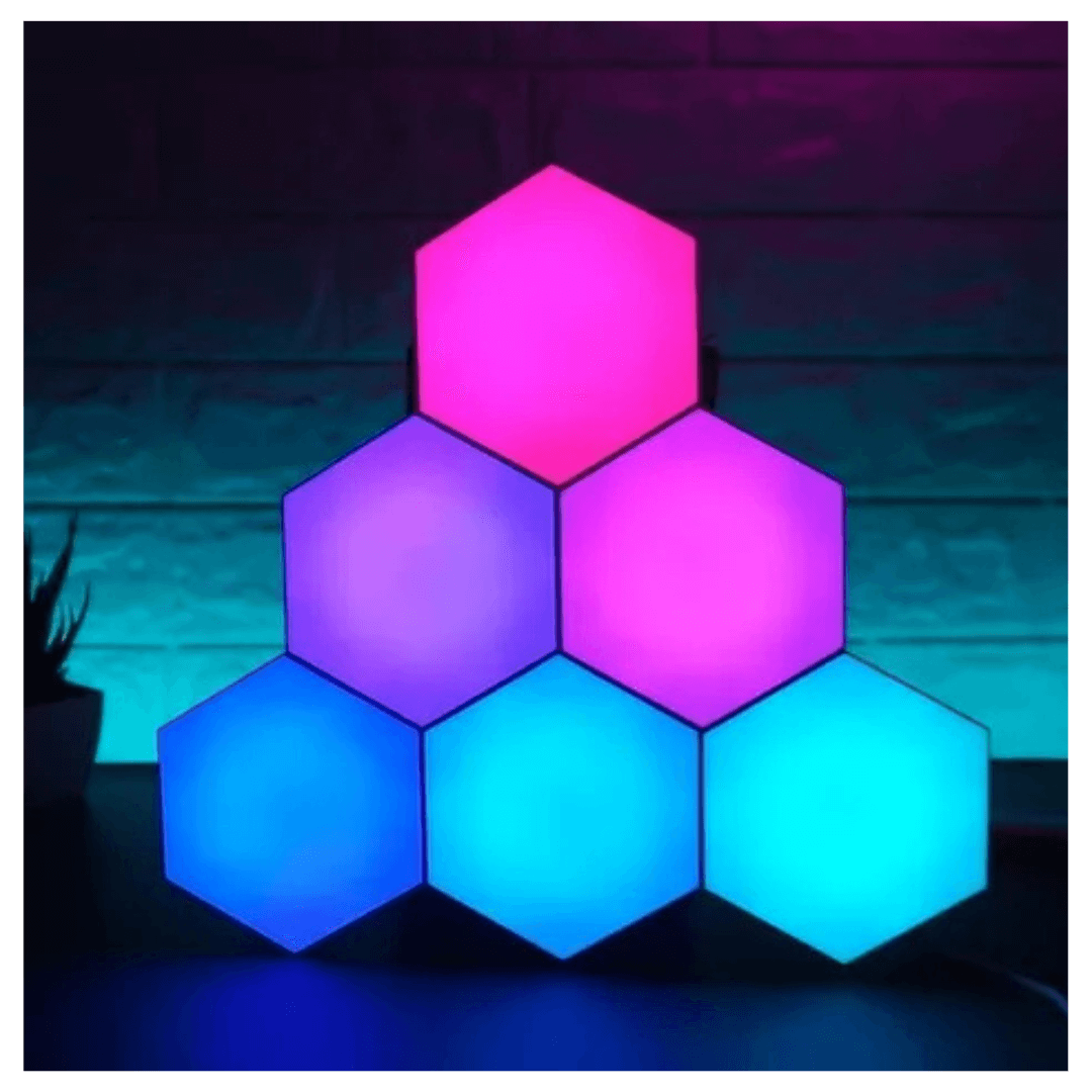 Luces Hexagonales 17 Colores LED en vibrantes tonos rosa y azul, perfectas para crear ambientes únicos.