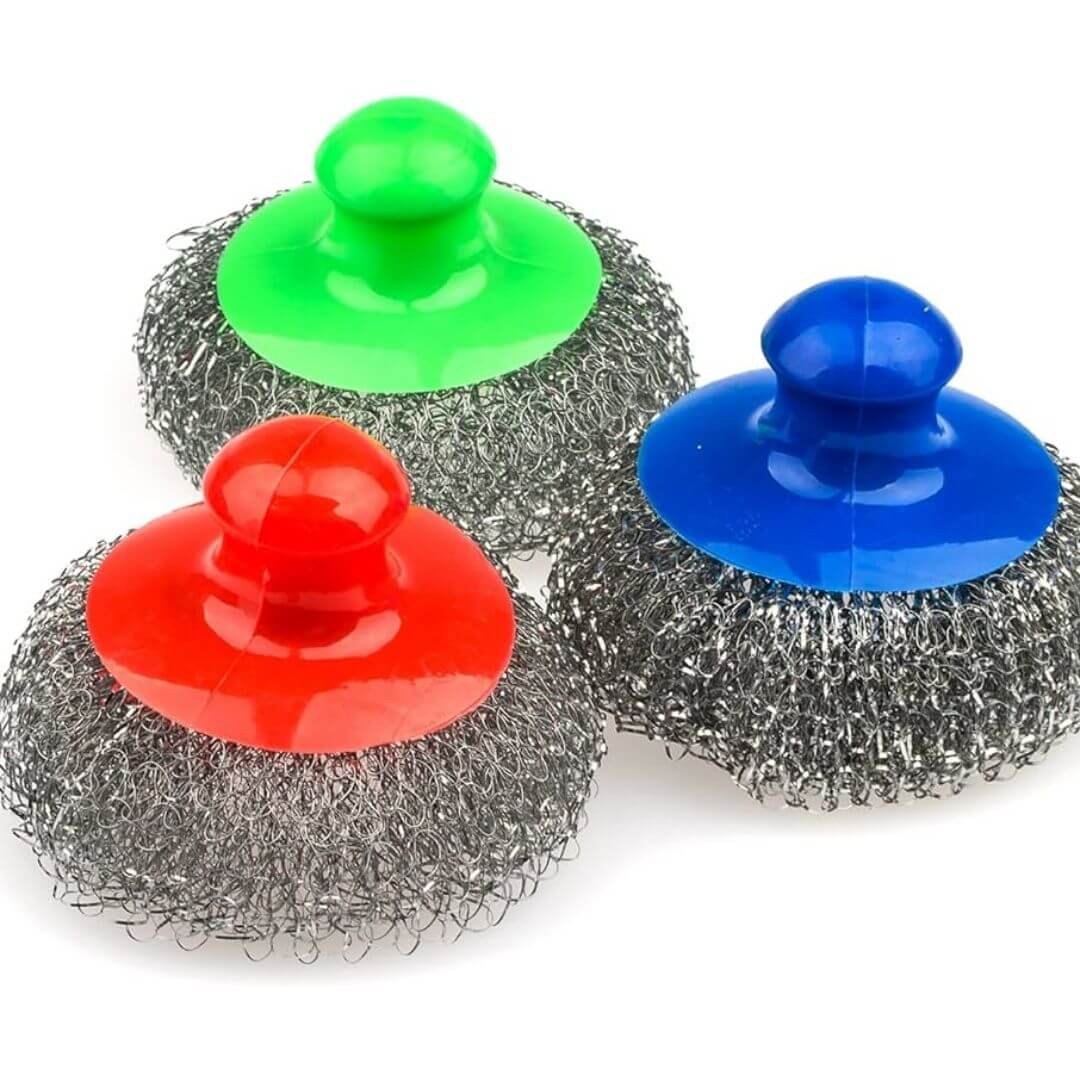 Pack 10 En 1 Accesorios De Hogar incluye estropajos de acero inoxidable en colores verde, rojo y azul.