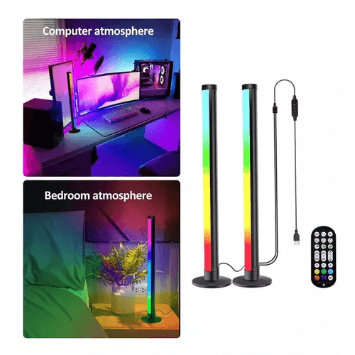 Luces LED RGB activadas por sonido en ambientes de computadora y dormitorio, con control remoto para personalización.