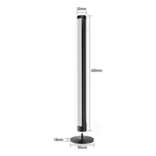 Barra de luz LED RGB de 420mm de altura con base negra y dimensiones detalladas.