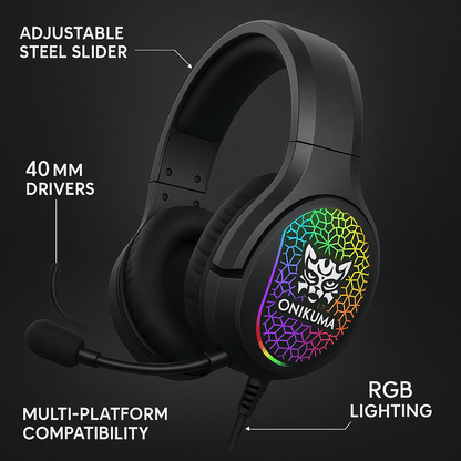 Onikuma X3 RGB gaming headset with adjustable steel slider and mic, featuring 40mm drivers and multi-platform compatibility.