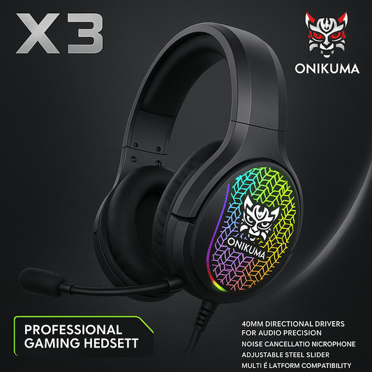 Audífonos Gaming Onikuma X3 RGB con micrófono desmontable y drivers de 40mm, compatibles con PS4, PC y Xbox.