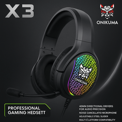 Audífonos Gaming Onikuma X3 RGB con micrófono desmontable y drivers de 40mm, compatibles con PS4, PC y Xbox.