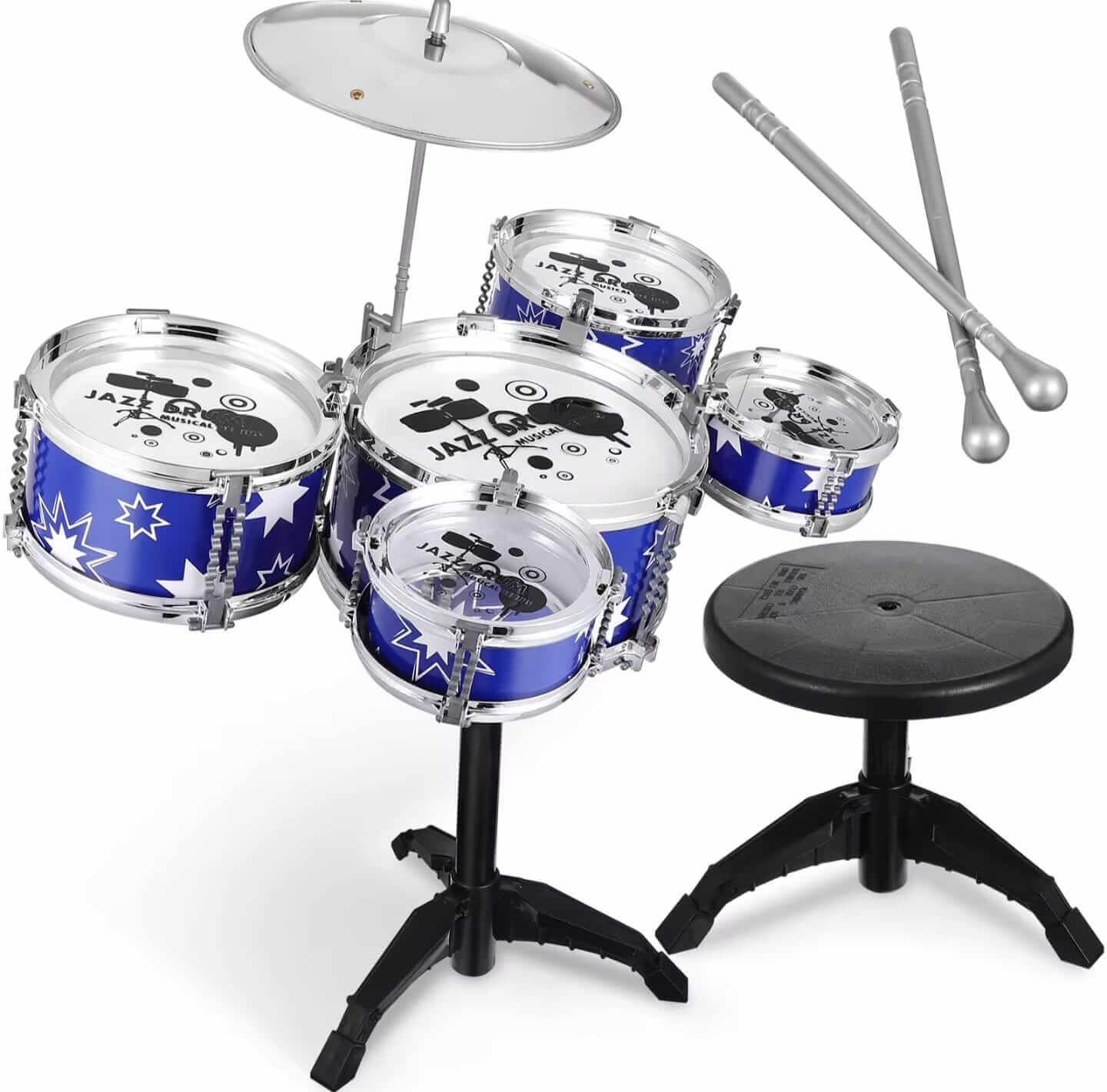 Juguete de batería Jazz musical con tambores azul y accesorios, ideal para pequeños músicos.