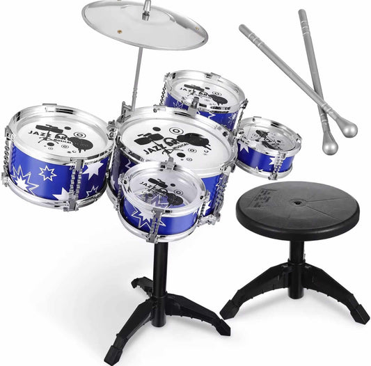 Juguete de batería Jazz musical con tambores azul y accesorios, ideal para pequeños músicos.