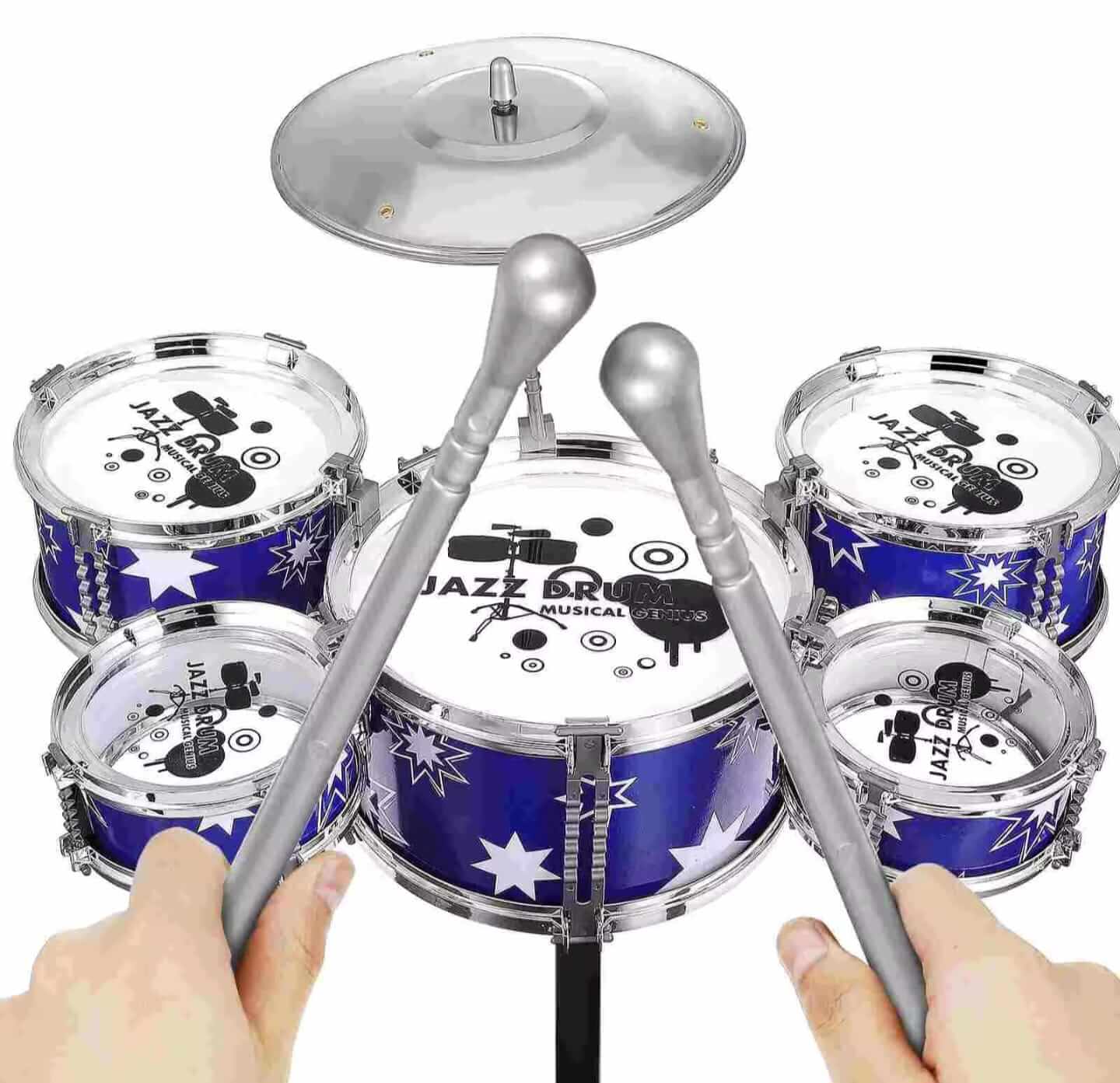 Juguete de batería de jazz musical con baquetas, ideal para futuros músicos y diversión rítmica.