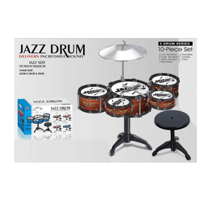 Mini batería jazz musical para niños con 5 tambores y asiento, ideal para introducirse en el mundo de la música.