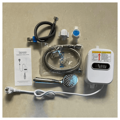 Calentador de agua resistente premium con accesorios de instalación, mangueras y manual de instrucciones.