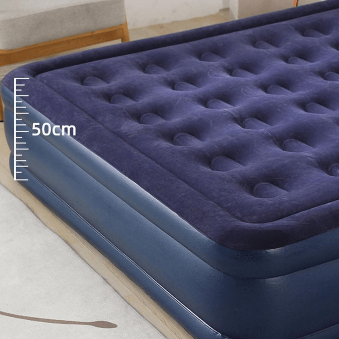 Colchon Inflable Electrico 205x160x50 con medida de 50cm de altura, ideal para comodidad en casa y viajes.