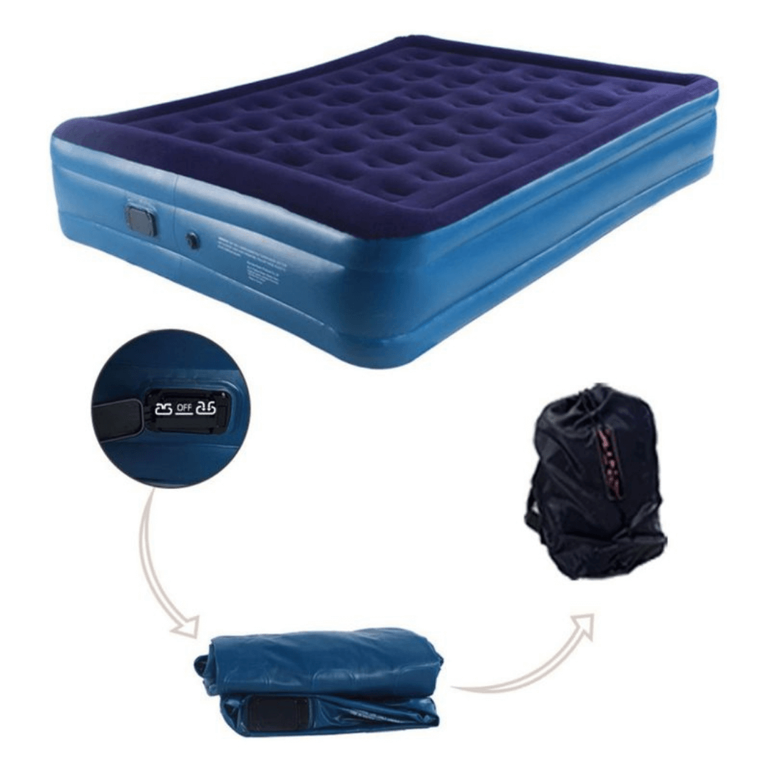Colchon Inflable Electrico 205x160x50 con diseño compacto y portátil, ideal para el hogar y aventuras al aire libre.