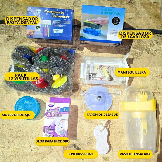 Pack 10 En 1 Accesorios De Hogar incluyendo dispensador de pasta dental y moledor de ajo.