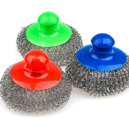 Pack 10 En 1 Accesorios De Hogar incluye estropajos de acero inoxidable en colores verde, rojo y azul.