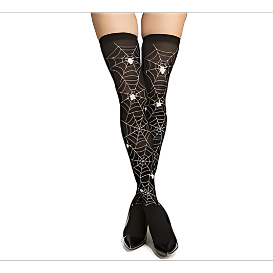 Panty Medias Bucaneras Halloween con diseño de telarañas y estrellas brillantes, ideales para disfraces temáticos.
