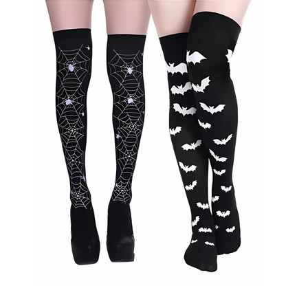 Panty Medias Bucaneras Halloween featuring spider web and bat designs, perfect for Halloween celebrations.