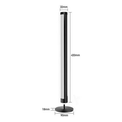 Barra de luz LED RGB de 420mm de altura con base negra y dimensiones detalladas.